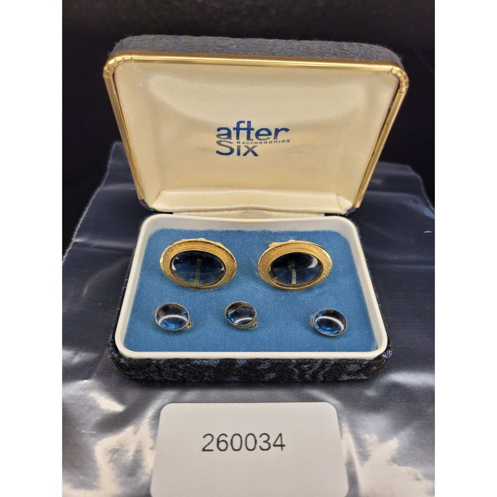 After Six Cufflinks Shirt Stud Set Gold Tone Blue Cabochon Formal Wear Boxed